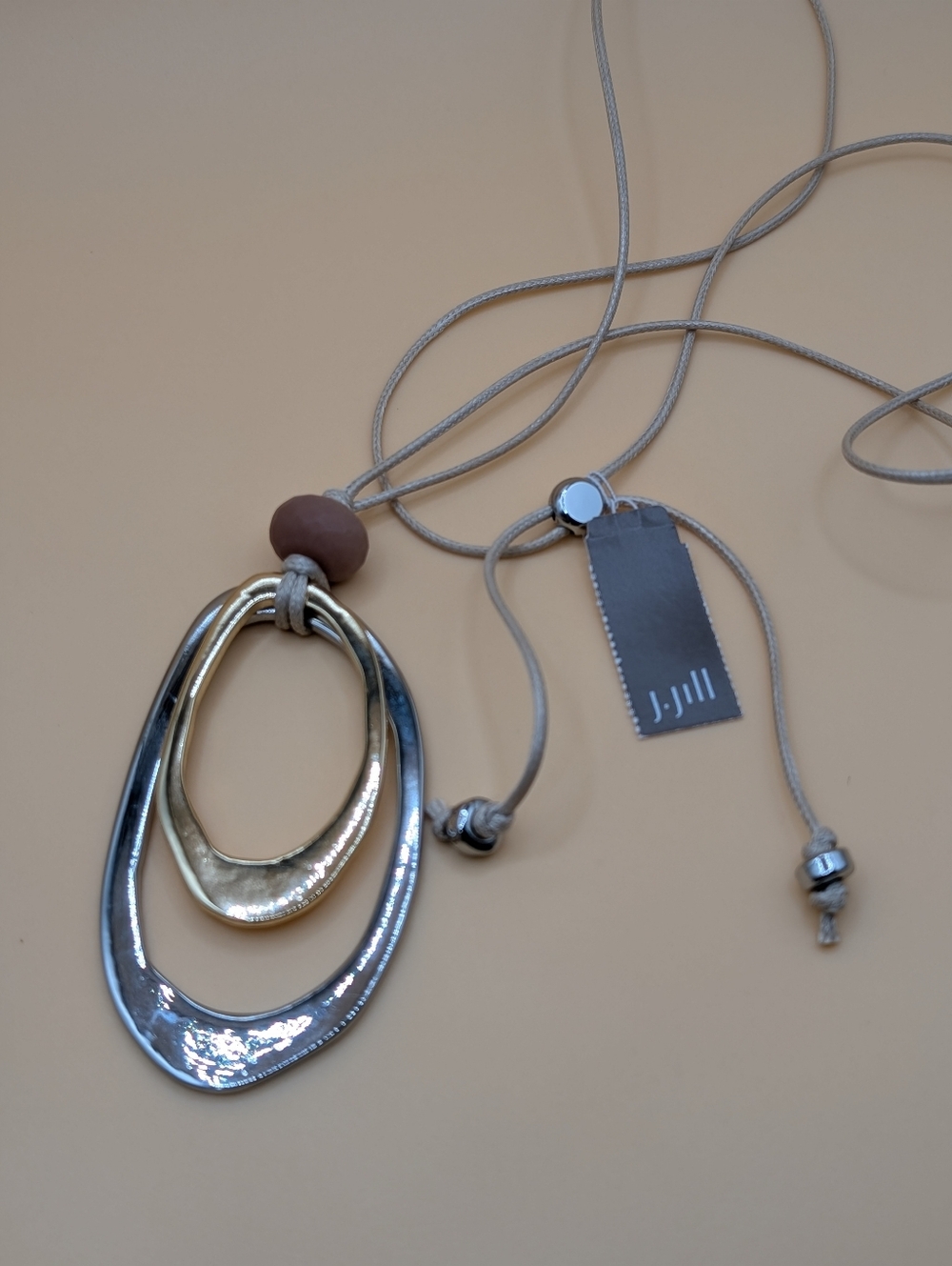 J. Jill Long Two-Tone Oval Pendant Necklace in Gold & Silver Adjustable Cord NWT
